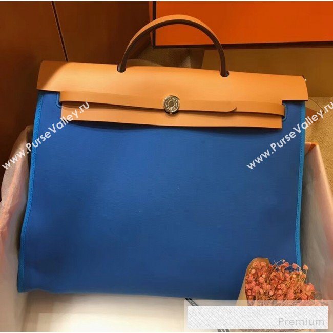 Hermes Original Leather And Canvas Large Herbag Handbag 39cm Blue/Light Coffee/Green 2019 (DB-9052372)