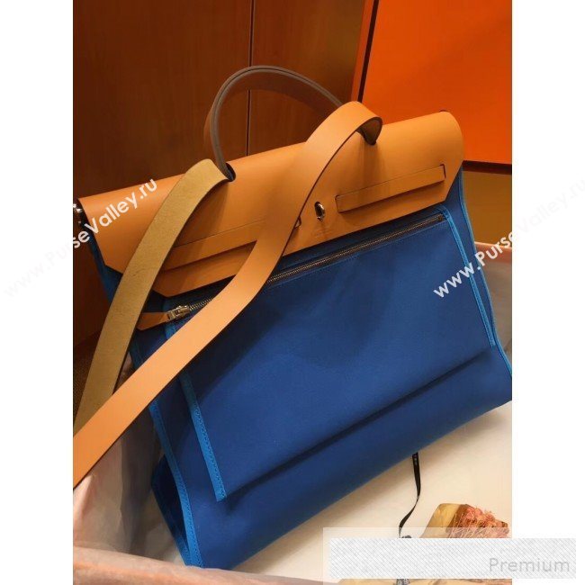 Hermes Original Leather And Canvas Large Herbag Handbag 39cm Blue/Light Coffee/Green 2019 (DB-9052372)