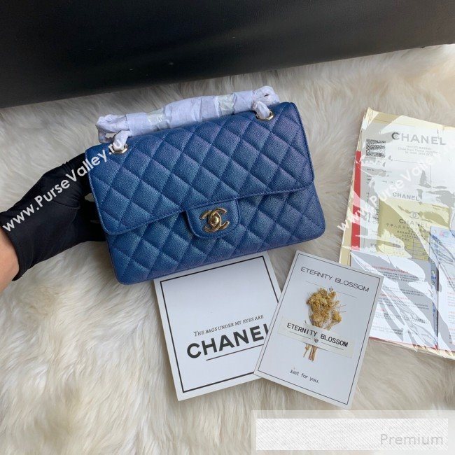 Chanel Small Classic Quilted Iridescent Grained Calfskin Flap Bag Blue 2019 (SSZ-9052075)