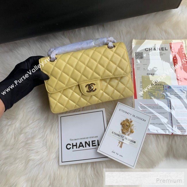 Chanel Small Classic Quilted Iridescent Grained Calfskin Flap Bag Yellow 2019 (SSZ-9052079)