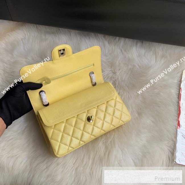 Chanel Small Classic Quilted Iridescent Grained Calfskin Flap Bag Yellow 2019 (SSZ-9052079)