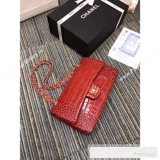 Chanel Crocodile Embossed Calfskin Classic Flap Bag A01112 Red 2019 (XIN-9052913)