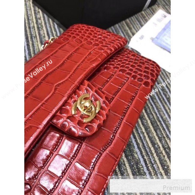 Chanel Crocodile Embossed Calfskin Classic Flap Bag A01112 Red 2019 (XIN-9052913)