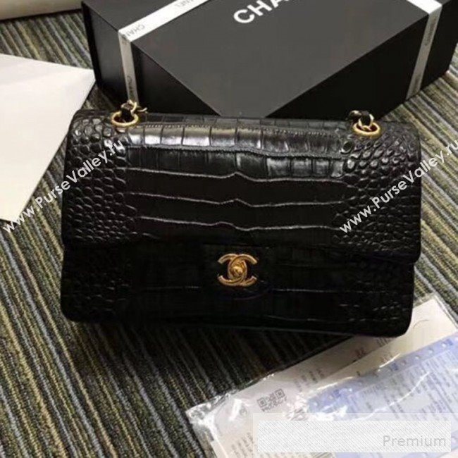 Chanel Crocodile Embossed Calfskin Classic Flap Bag A01112 Black/Gold 2019 (XIN-9052911)