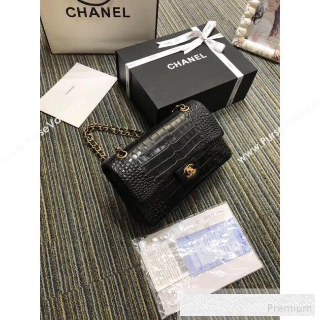 Chanel Crocodile Embossed Calfskin Classic Flap Bag A01112 Black/Gold 2019 (XIN-9052911)