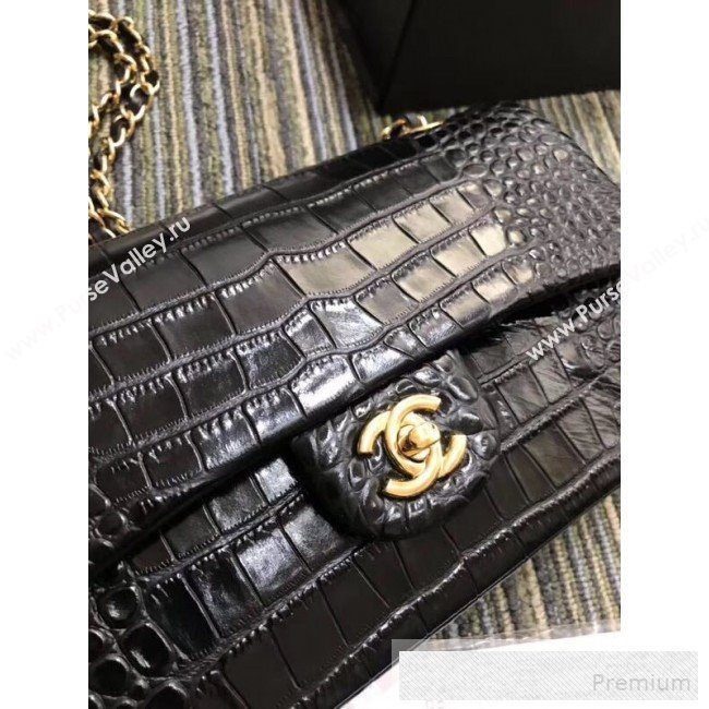 Chanel Crocodile Embossed Calfskin Classic Flap Bag A01112 Black/Gold 2019 (XIN-9052911)