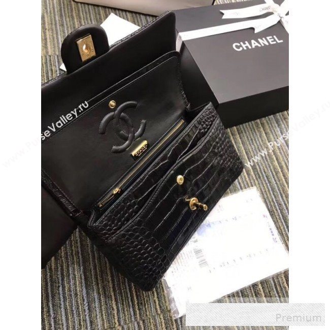 Chanel Crocodile Embossed Calfskin Classic Flap Bag A01112 Black/Gold 2019 (XIN-9052911)
