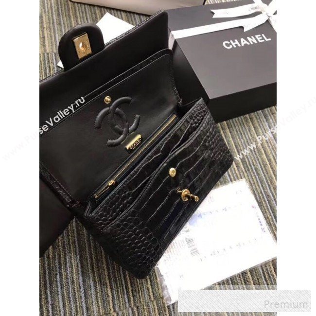 Chanel Crocodile Embossed Calfskin Classic Flap Bag A01112 Black/Gold 2019 (XIN-9052911)