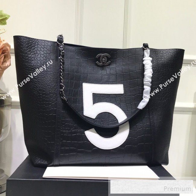 Chanel Crocodile Embossed Calfskin 5 Shopping Tote Bag Black 2109 (FM-9052923)