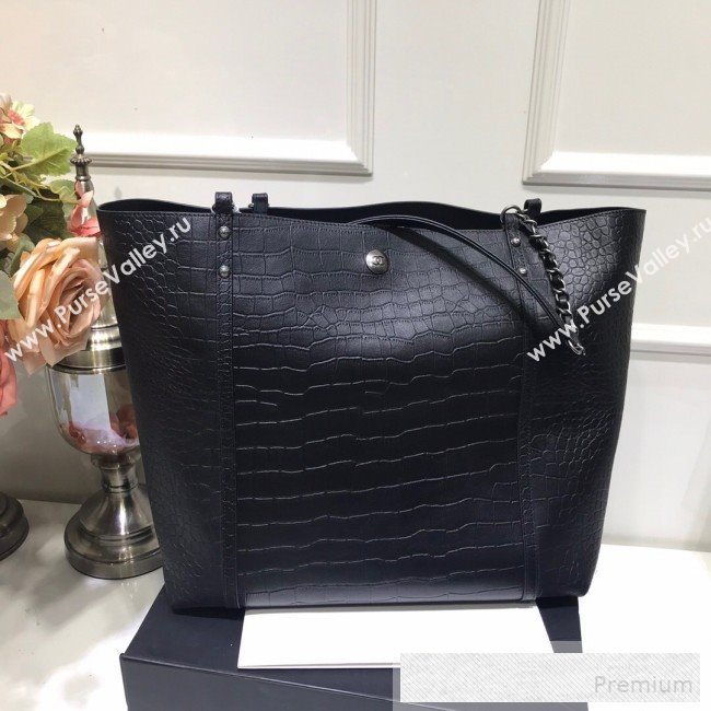 Chanel Crocodile Embossed Calfskin 5 Shopping Tote Bag Black 2109 (FM-9052923)