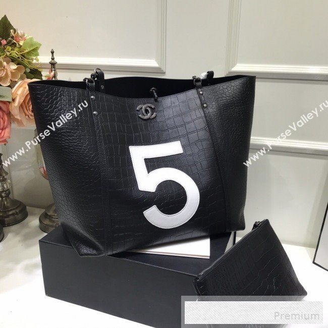 Chanel Crocodile Embossed Calfskin 5 Shopping Tote Bag Black 2109 (FM-9052923)