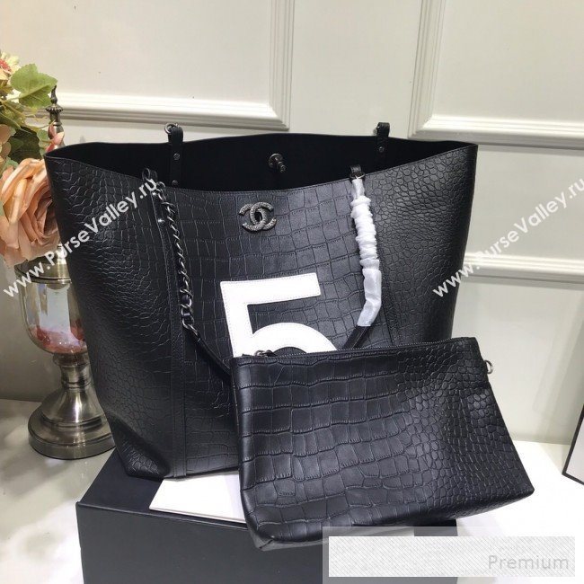 Chanel Crocodile Embossed Calfskin 5 Shopping Tote Bag Black 2109 (FM-9052923)