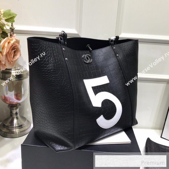 Chanel Crocodile Embossed Calfskin 5 Shopping Tote Bag Black 2109 (FM-9052923)