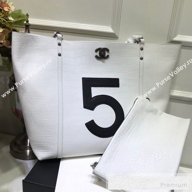 Chanel Crocodile Embossed Calfskin 5 Shopping Tote Bag White 2109 (FM-9052924)