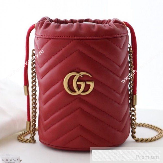 Gucci GG Marmont Leather Mini Bucket Shoulder Bag 575163 Red 2019 (DLH-9052956)