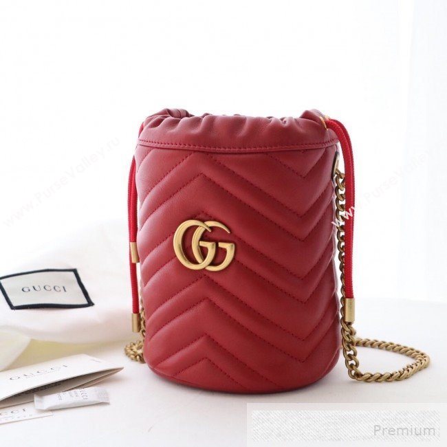 Gucci GG Marmont Leather Mini Bucket Shoulder Bag 575163 Red 2019 (DLH-9052956)