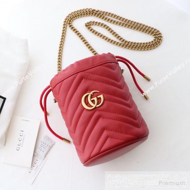 Gucci GG Marmont Leather Mini Bucket Shoulder Bag 575163 Red 2019 (DLH-9052956)