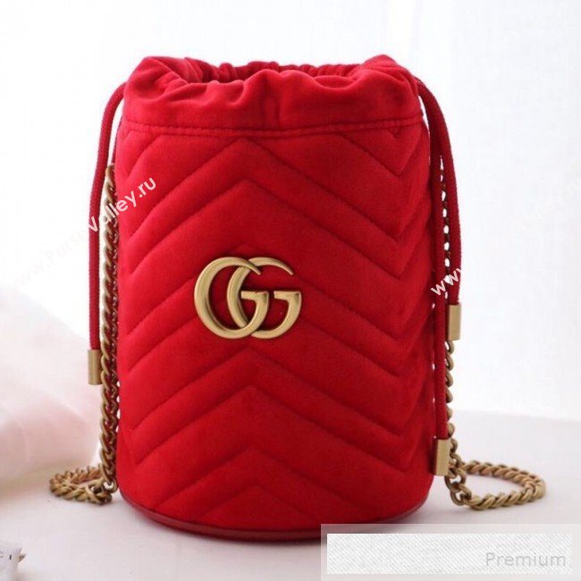 Gucci GG Marmont Velvet Mini Bucket Shoulder Bag 575163 Red 2019 (DLH-9052957)