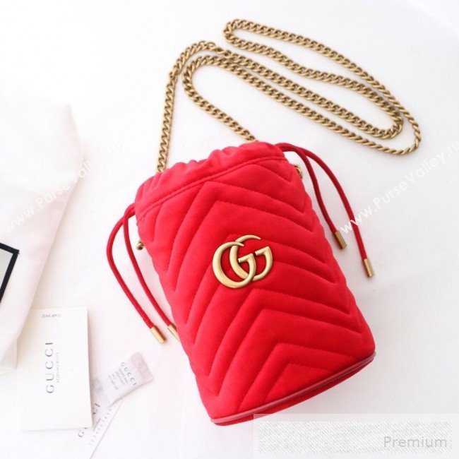 Gucci GG Marmont Velvet Mini Bucket Shoulder Bag 575163 Red 2019 (DLH-9052957)