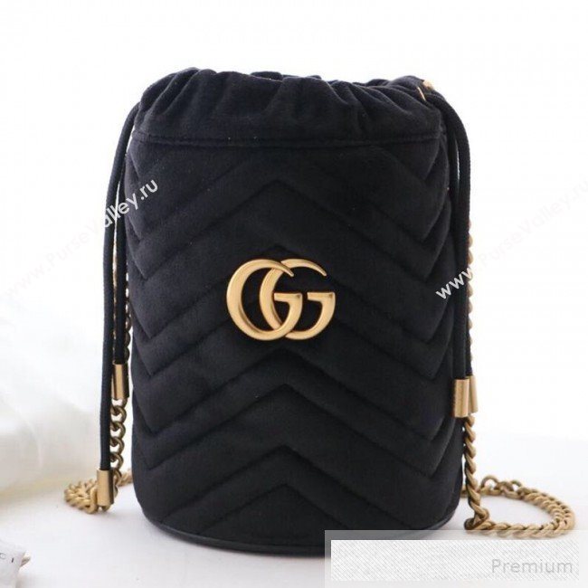 Gucci GG Marmont Velvet Mini Bucket Shoulder Bag 575163 Black 2019 (DLH-9052958)