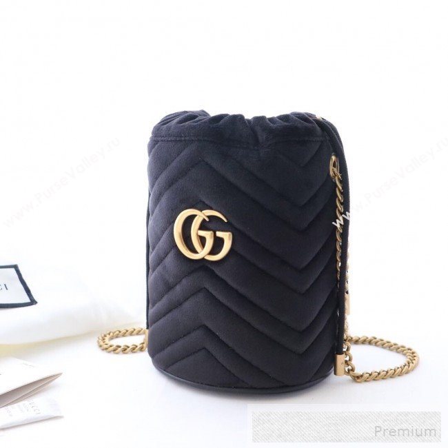 Gucci GG Marmont Velvet Mini Bucket Shoulder Bag 575163 Black 2019 (DLH-9052958)