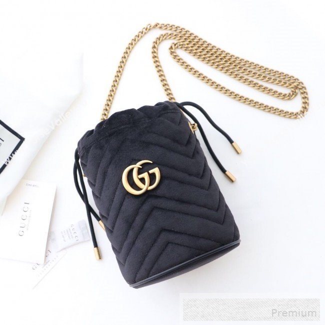 Gucci GG Marmont Velvet Mini Bucket Shoulder Bag 575163 Black 2019 (DLH-9052958)