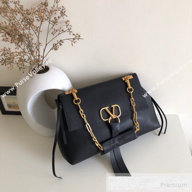 Valentino Medium VRing Grainy Calfskin Chain Shoulder Bag Black 2019 (JJ3-9053056)