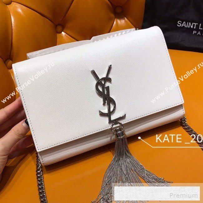 Saint Laurent Kate Small Chain and Tassel Bag in Textured Leather 474366 White 2019 (WMJ-9053123)