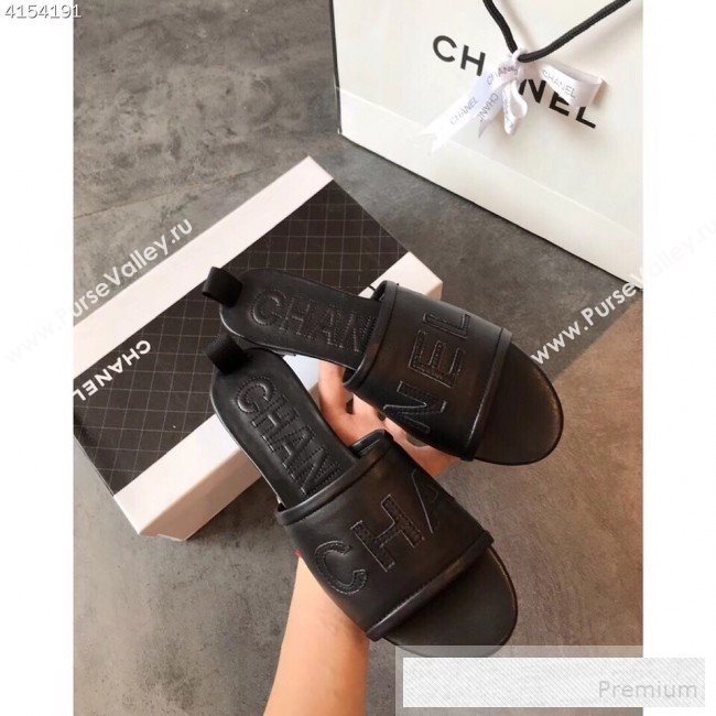 Chanel Logo Lambskin Flat Slide Sandals Black 2019 (EM-9053167)