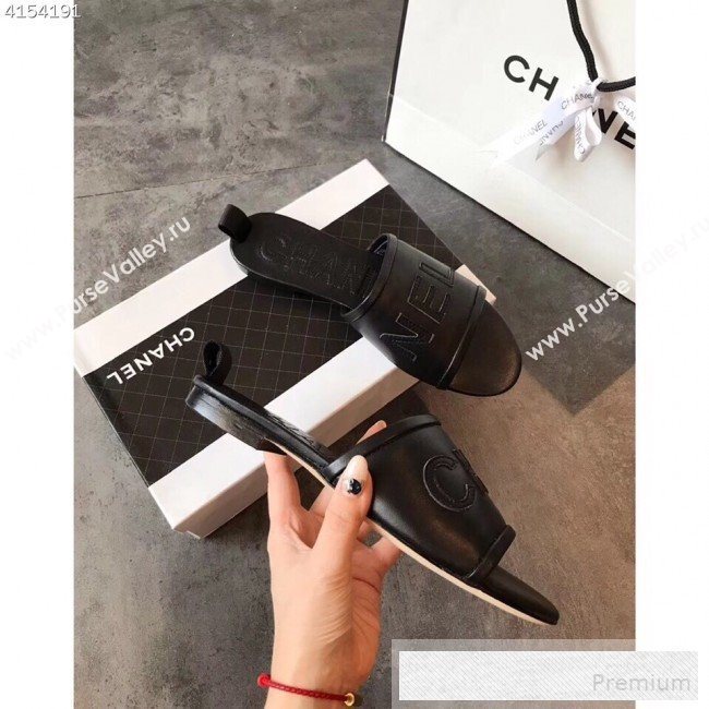 Chanel Logo Lambskin Flat Slide Sandals Black 2019 (EM-9053167)