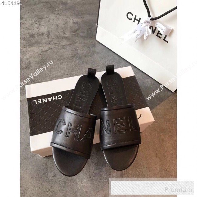 Chanel Logo Lambskin Flat Slide Sandals Black 2019 (EM-9053167)