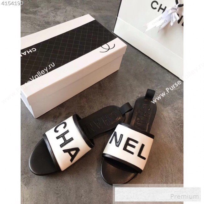 Chanel Logo Lambskin Flat Slide Sandals White 2019 (EM-9053166)