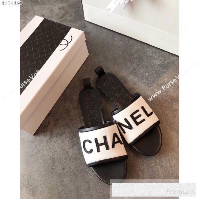 Chanel Logo Lambskin Flat Slide Sandals White 2019 (EM-9053166)