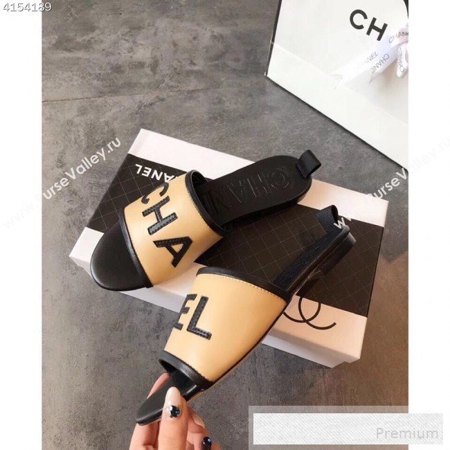 Chanel Logo Lambskin Flat Slide Sandals Beige 2019 (EM-9053165)