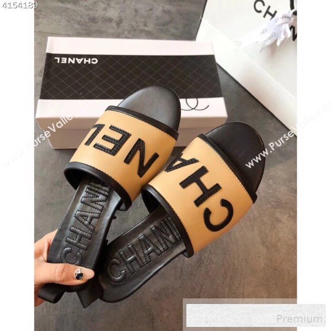 Chanel Logo Lambskin Flat Slide Sandals Beige 2019 (EM-9053165)