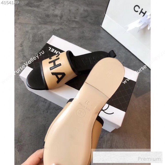 Chanel Logo Lambskin Flat Slide Sandals Beige 2019 (EM-9053165)