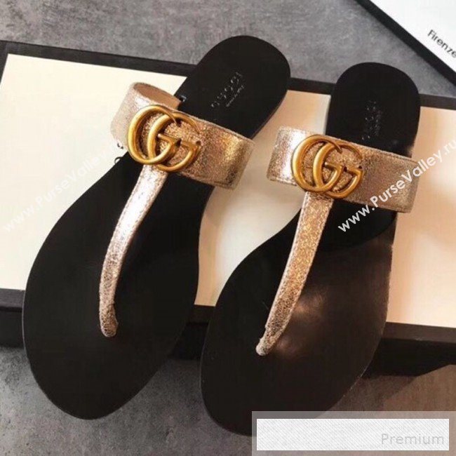 Gucci Leather Flat Thong Sandal with Double G 497444 Gold 2018 (EM-9053170)