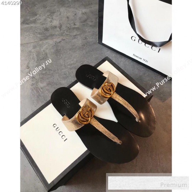 Gucci Leather Flat Thong Sandal with Double G 497444 Gold 2018 (EM-9053170)