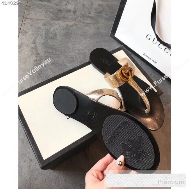 Gucci Leather Flat Thong Sandal with Double G 497444 Gold 2018 (EM-9053170)