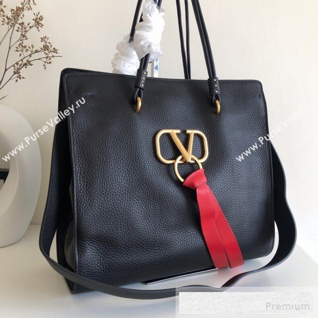 Valentino VRing Shopping Tote Bag in Grained Leather Black/Red 2019 (JJ3-9053049)
