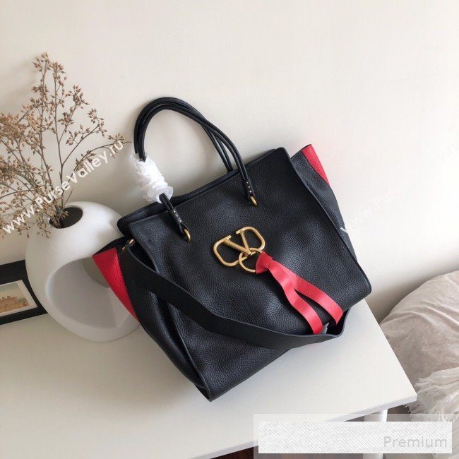 Valentino VRing Shopping Tote Bag in Grained Leather Black/Red 2019 (JJ3-9053049)