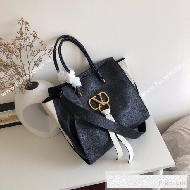 Valentino VRing Shopping Tote Bag in Grained Leather Black/White 2019 (JJ3-9053050)