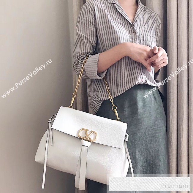 Valentino Medium VRing Grainy Calfskin Chain Shoulder Bag White 2019 (JJ3-9053053)
