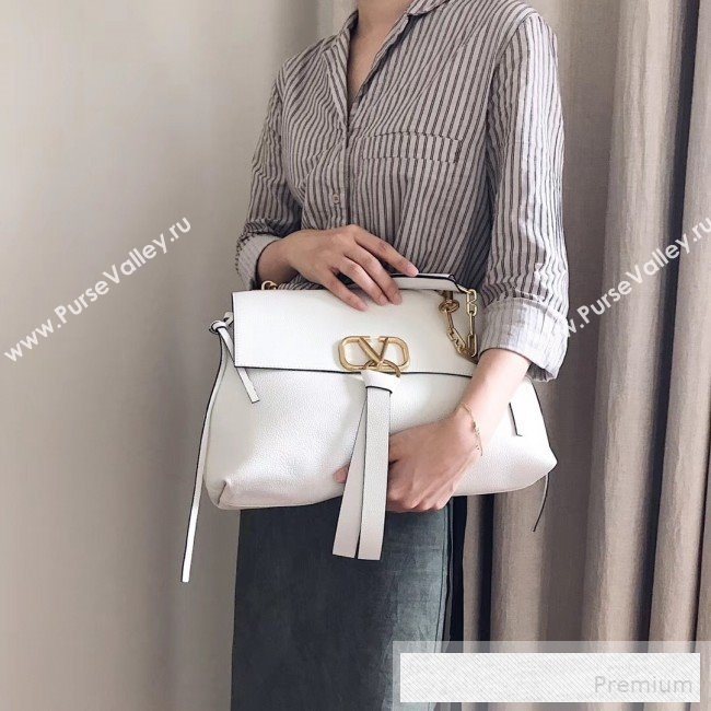 Valentino Medium VRing Grainy Calfskin Chain Shoulder Bag White 2019 (JJ3-9053053)
