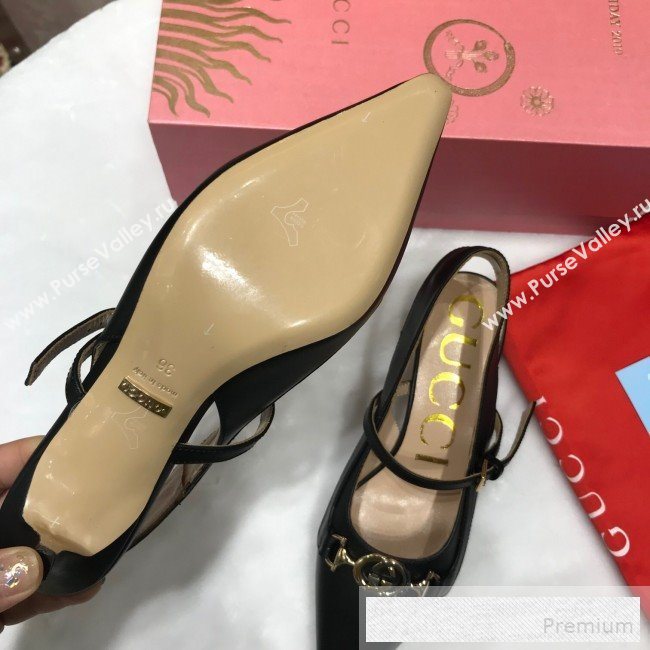Gucci Zumi Leather Slingback Heel Pumps with G Horsebit 583300 Black 2019 (ANDI-9060136)