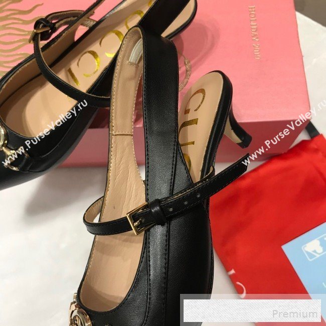 Gucci Zumi Leather Slingback Heel Pumps with G Horsebit 583300 Black 2019 (ANDI-9060136)