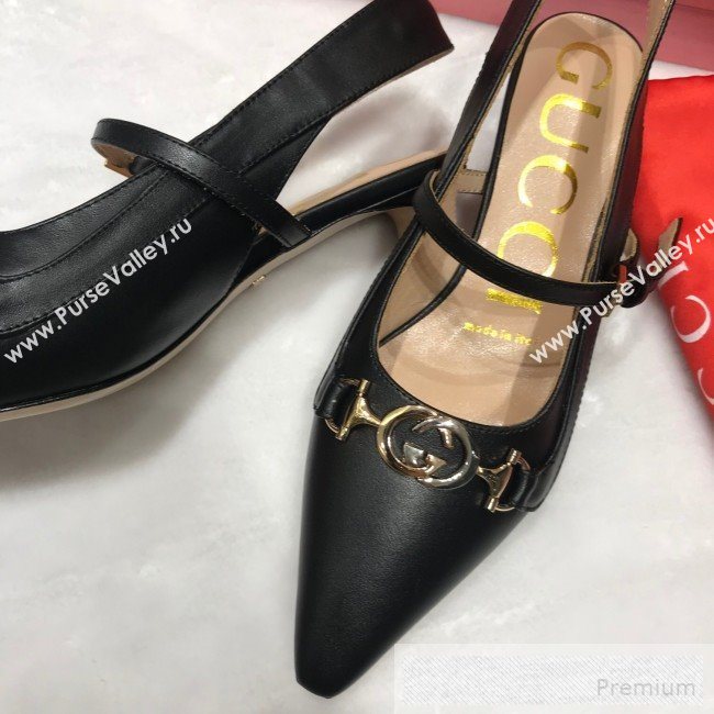 Gucci Zumi Leather Slingback Heel Pumps with G Horsebit 583300 Black 2019 (ANDI-9060136)