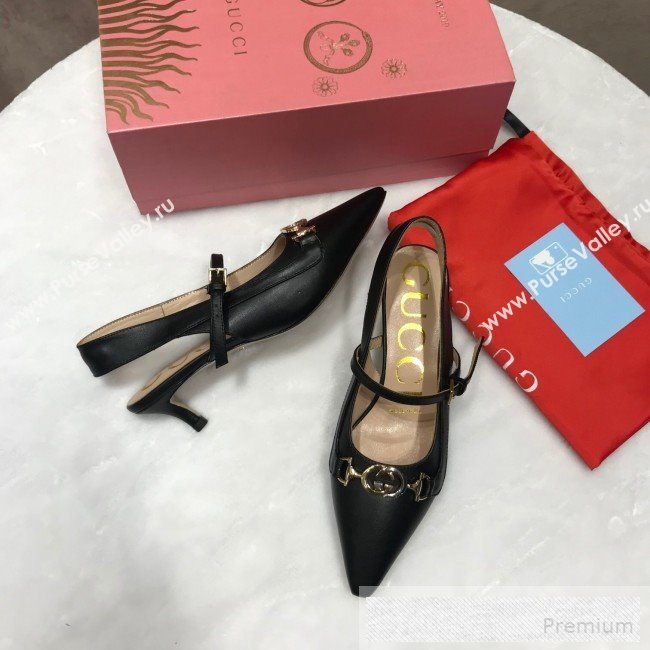 Gucci Zumi Leather Slingback Heel Pumps with G Horsebit 583300 Black 2019 (ANDI-9060136)