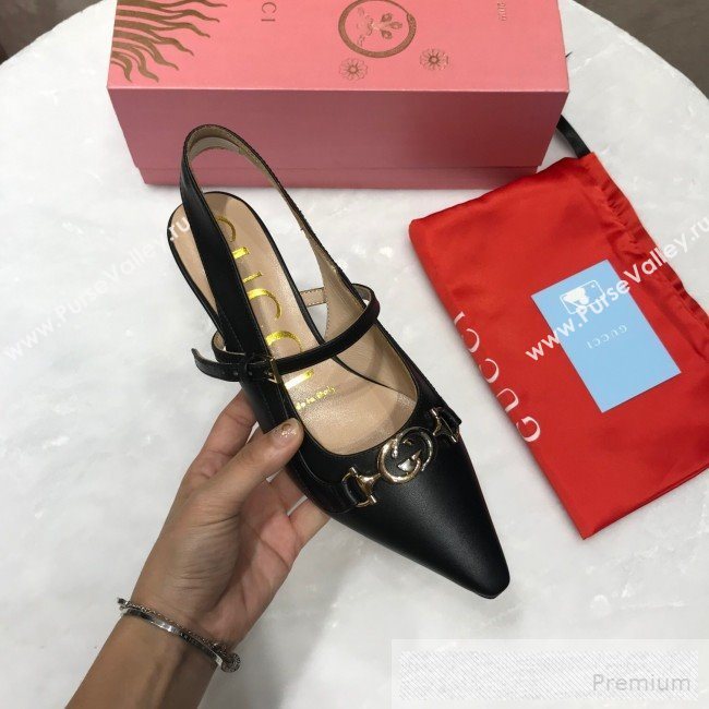 Gucci Zumi Leather Slingback Heel Pumps with G Horsebit 583300 Black 2019 (ANDI-9060136)