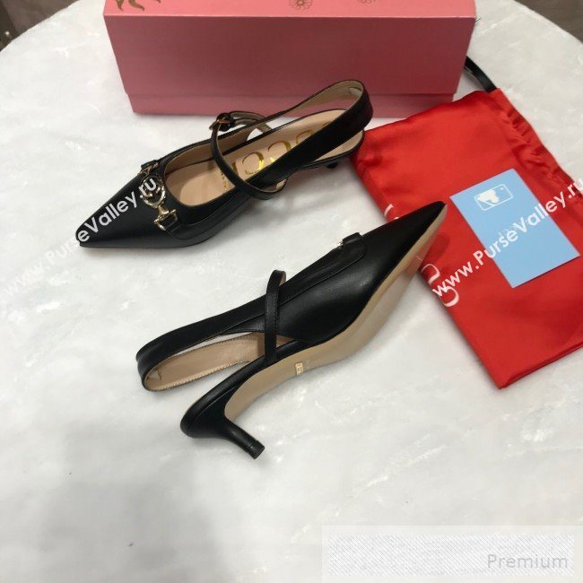 Gucci Zumi Leather Slingback Heel Pumps with G Horsebit 583300 Black 2019 (ANDI-9060136)